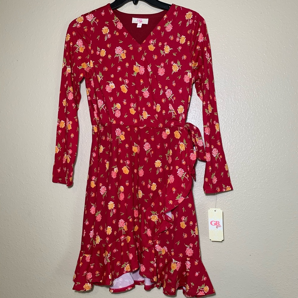NWT GB Girls Rose Red Floral V Neck Dress